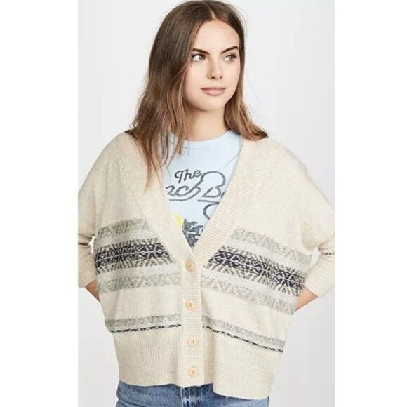 Chaser Fair Isle Drop Shoulder Over Sized Button Sweater in Natural Sz S NWOT - Picture 1 of 10